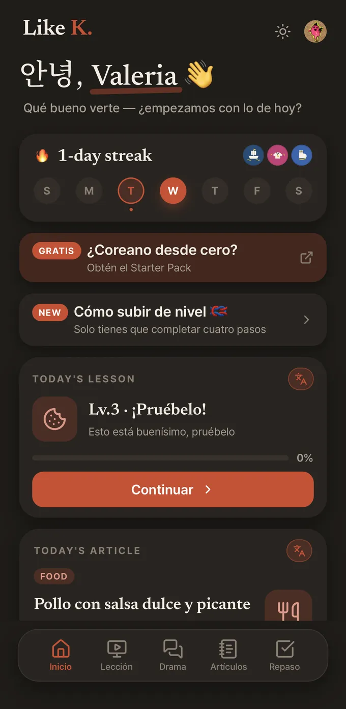 Like K. home, dark mode — Spanish UI